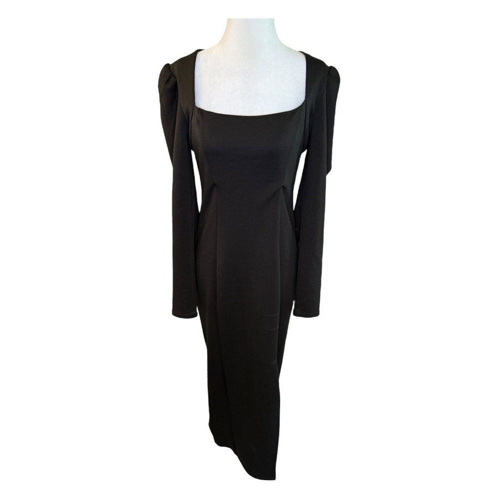 ASTR The Label Midi Dress Square Neck Puff Sleeve Open Back Black Medium NWT